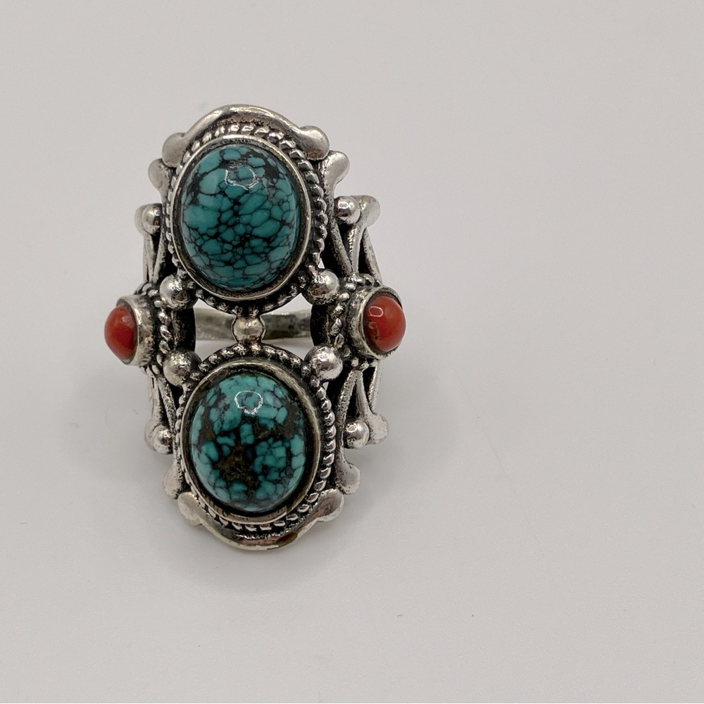 Sterling Silver Tibetan Turquoise and Coral Ring